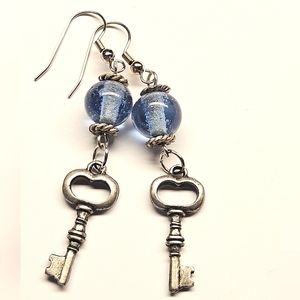 Blue Beaded Key Charm Dangle Earrings